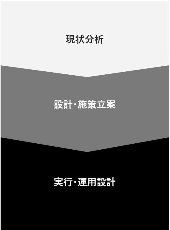 現状分析、設計・施策立案、実行・運用設計